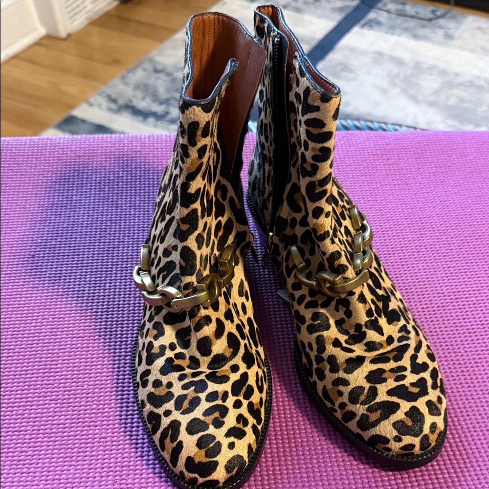 Coach Leopard Print Ankle Booties with Gold Chain Trim - Picture 2 of 7